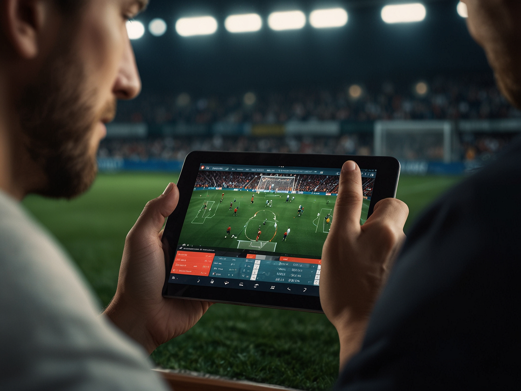 Player watching live match and checking odds on tablet
