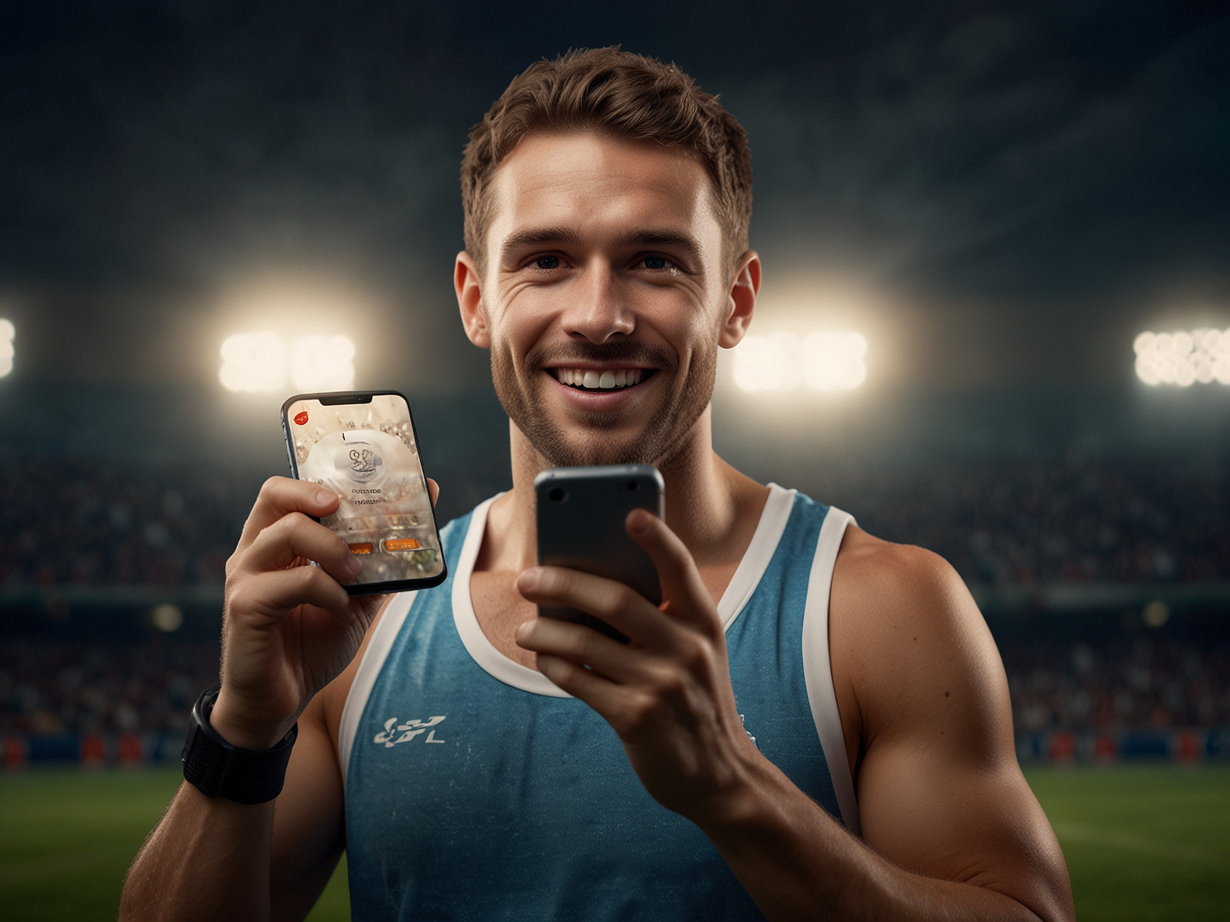 Athlete holding a mobile phone celebrating